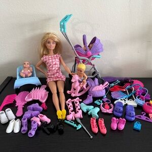 Barbie Doll & Accessories Lot Stroller Baby Dolls Shoes Brushes Toy Bundle